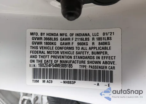 2021 Honda Insight Ex from USA, damaged, VIN 19XZE4F54ME009185